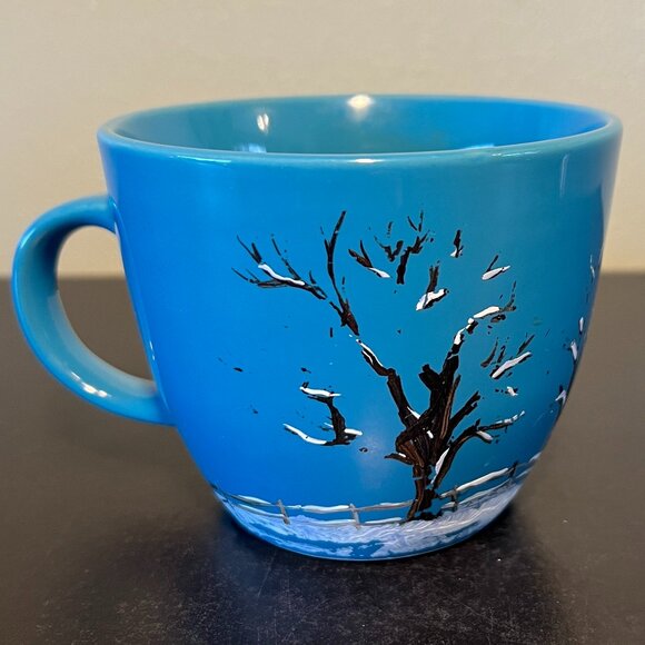 Hand Painted Turquoise Ceramic Cup w/ Snowy Winter Nature Scene by Ann Windell - Picture 2 of 11